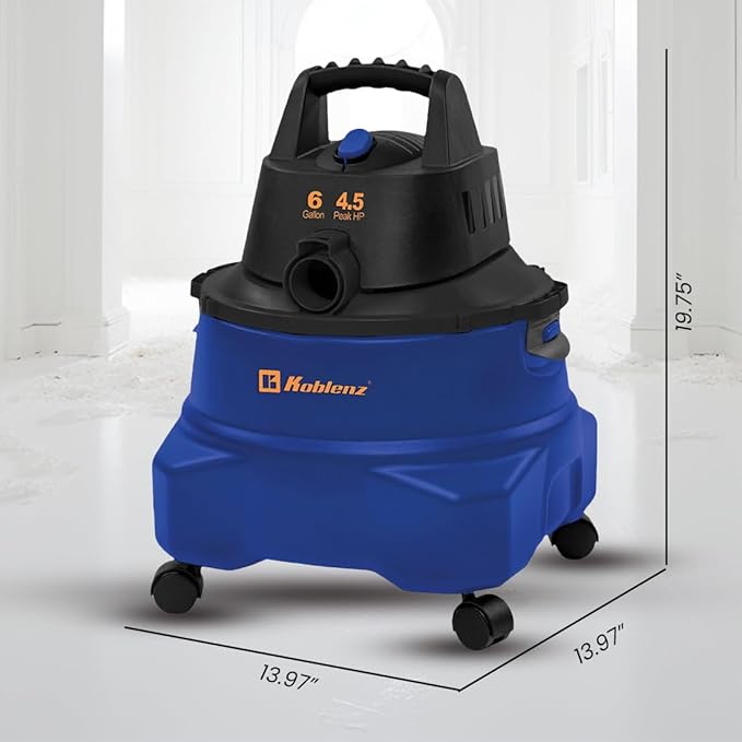Koblenz WD-6 L212 Wet Dry Vacuum Cleaner, 6 Gallon, 4.5 PHP, 3-in-1 Suction & Blower, 16 ft Reach, Big Cleaner for Car, Shop Vacuum Wet and Dry, Swivel Casters, Black/Blue
