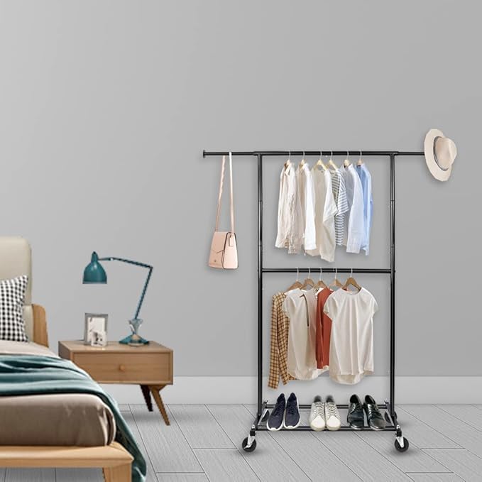 Fishat Black Simple Standard Rod Rolling Garment Clothes Rack, Metal Clothes Organizer with Lockable Wheels