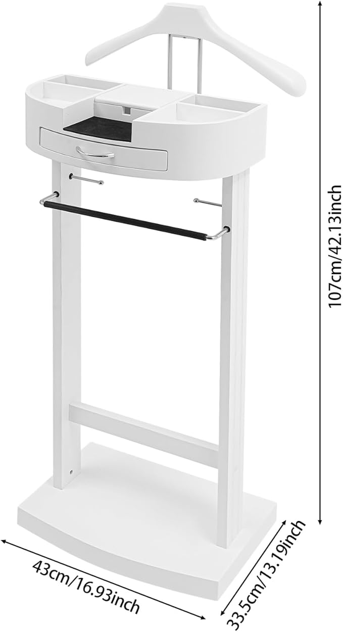 Suit Valet Stand Wood Valet Stand for Man, Wooden Clothing Valet Stand with Contour Hanger, Tray, Trouser Bar, Tie Bar and Base, Mens Valet Stand for Entryway Office Living Room (White)