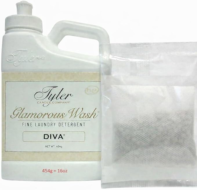 Tyler Candle Glamorous Liquid Wash Detergent Wash, Liquid, Diva, 16 Fl oz/with Dryer Sachet Single Pouch, Pull and Pour Spill Proof Cap ol