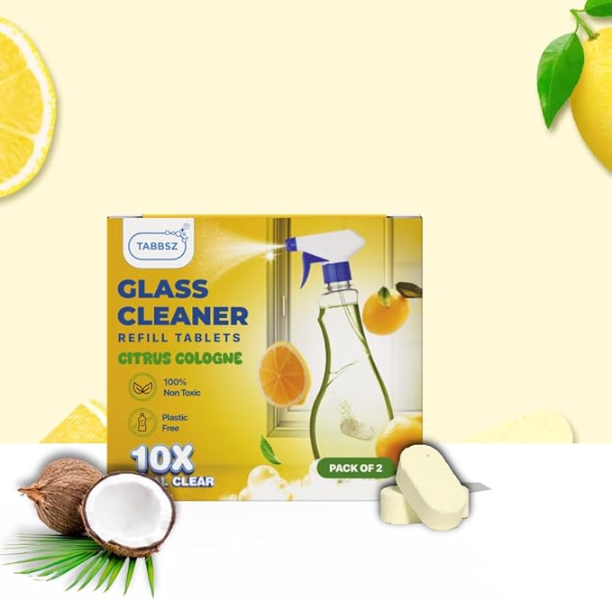 Glass Cleaner Refill Tablets | Plant-Based Streak-Free Window & Mirror Cleaner | Non-Toxic & Eco-Friendly Cleaning Solution | Plastic-Free Packaging | Citrus Cologne - Pack of 1