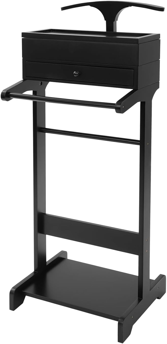 Valet Stand with Drawer and Top Tray, Wood Mens Suit Valet Stand with Wood Base, Freestanding Clothes Valet Stand with Hanger, Storage Organizer for Entryway Office Living Room (E, Black)