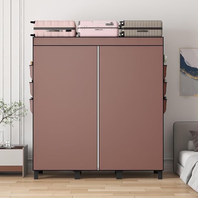 Portable Closet, 51.18" Large Capacity Clothing Storage Organizer with 3 Hanging Rods 6 Shelves 18 Side Pockets, Dustproof Sturdy Wardrobe for Bedroom Dorm Rental Apartment (Coffee, Large)