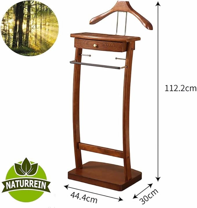 Suit Valet Stand with Tray, Wood Valet Stand for Men, Floor Standing Clothes Valet Stand, Valet Stand for Office Living Room Bed Room 44.4X30X112.2CM (Walnut)