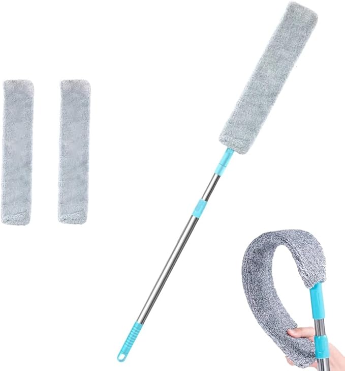 Retractable Gap Duster with 60" Extension Pole, Flexible Microfiber Brush for Under Appliances, Furniture & Tight Spaces, Washable Flat Duster for Fridge Stove Couch Crevices (2 Replacement Fabric)
