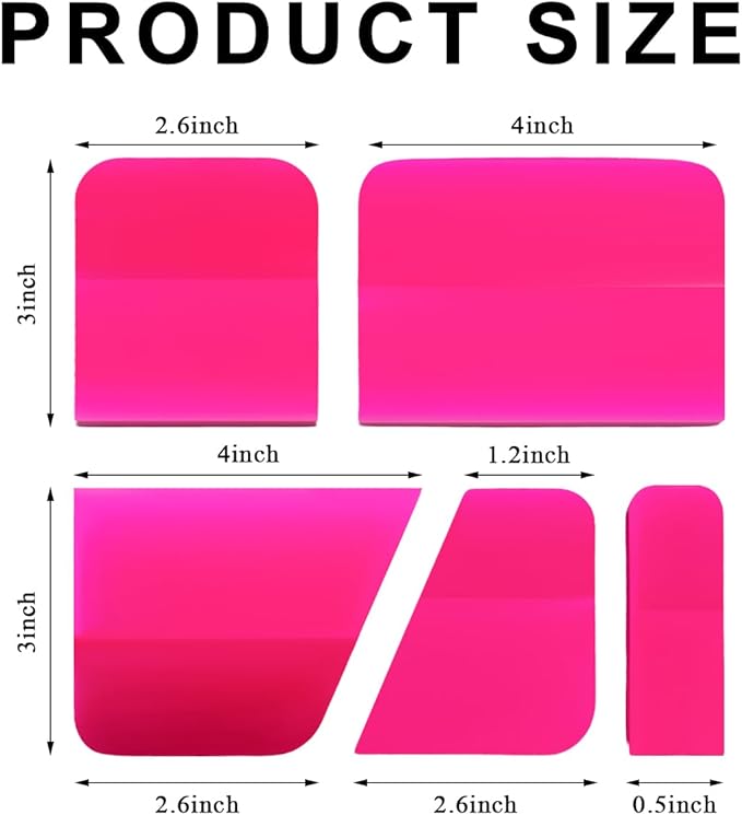 5 in 1 Rubber Squeegee Kit, Anti-Scratch Flexible Soft Matte TPU Coating Scraper Kit, Small Tint Squeegee Water Blade Scraper for Paint Protection Film Household Cleaning (Pink)