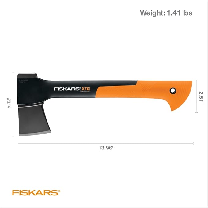 Fiskars X7 Small 14" Hatchet Axe with Sheath for Chopping Wood Kindling for Campfires while Outdoors & Camping, Insert-Molded Forged Steel Head, Low-Friction Blade, Shock Absorbing Handle & Non-Slip Grip