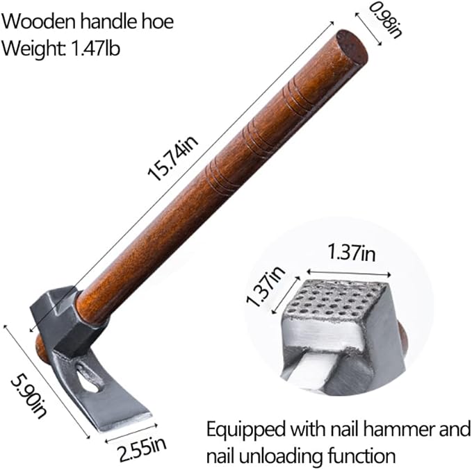 Garden Hoe Tool Small Action Hoe, Loosening Soil and Weeding,Knockable and Removable Nails,Hand Long Handle Weed Garden Tool,Digging and Rooting (5.90in×2.55in,1.47lb)