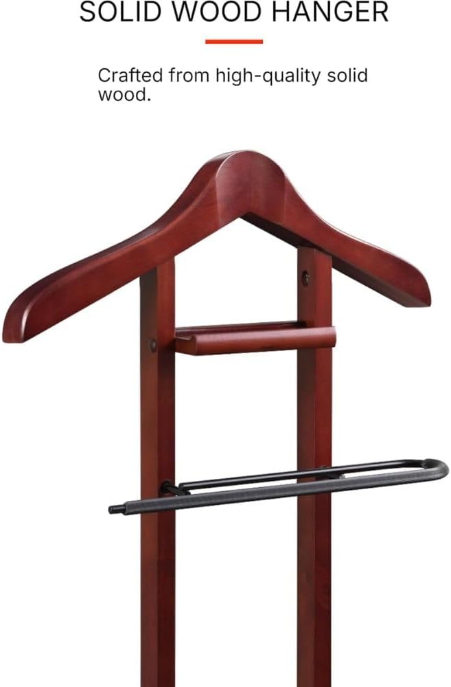 Wooden Suit Valet Stand with Contour Hanger Trouser Bar and Accessory Tray Elegant Wardrobe Organizer for Men Bedroom Closet and Office Mahogany Finish