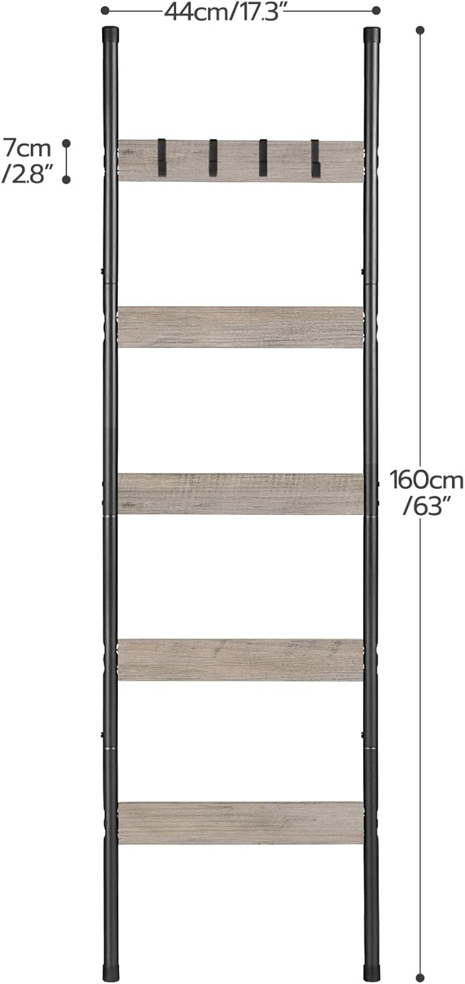 HOOBRO Blanket Ladder, 5-Tier Towel Rack with Hooks, Wall-Leaning Blanket Rack, Decorative Display Ladder Shelf, Scarves, Industrial, Living Room, Bedroom, Greige and Black BG52CJ01