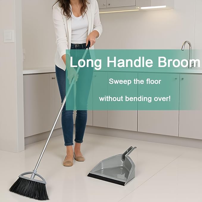 Soft Bristle Broom and Dustpan Combo Set, Long Handle Indoor Broom with Dustpan Set for Kitchen Hardwood Room Office and All Household Floor Cleaning (Gray)