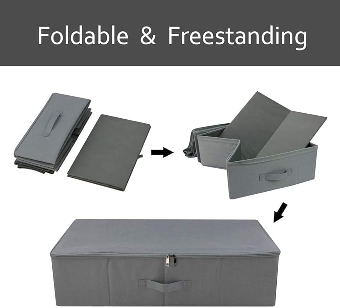 Pack of 3, Folding Under the Bed Storage Bins with Lids, Clothes, Shoes, Blanket, Bedding Closet Organizer Containers, Bedroom Storage Organizer Basket, Space Saving Organiser Bins, Light Gray