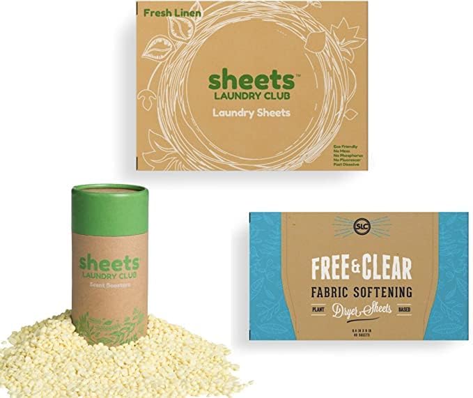 Sheets Laundry Club Bundle - 50 Pack (up to 100 loads) Fresh Linen Detergent Sheets, 40 Pack Vitality Dryer Sheets & 8 Oz. Sea Breeze Scent Booster - New Liquidless Technology