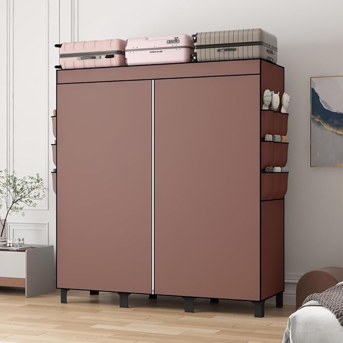 Portable Closet, 51.18" Large Capacity Clothing Storage Organizer with 3 Hanging Rods 6 Shelves 18 Side Pockets, Dustproof Sturdy Wardrobe for Bedroom Dorm Rental Apartment (Coffee, Large)