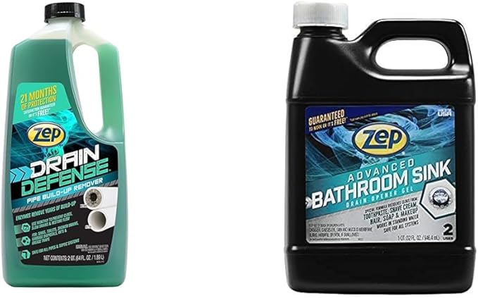 Zep Drain Defense Pipe Build-Up Remover - 64 Ounces - ZLDC648 & Advanced Bathroom Sink Drain Opener Gel - 32 Ounce - U49310 - Formulated for Toothpaste