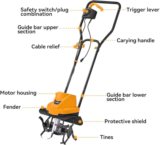 Hoteche 12-Inch Corded Electric Tiller 6.3-Amp Garden Soil Cultivator with 4 Steel Tines