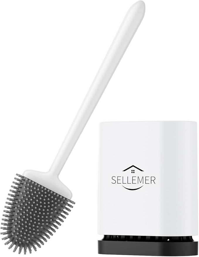 Sellemer Toilet Brush and Holder Set - Flexible Toilet Bowl Brush Head with Silicone Bristles, Compact Size for Storage and Organization, Ventilation Slots Base (1 Pack, Pearl White)