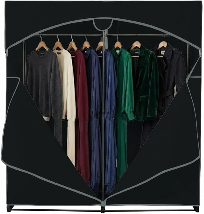 HOLDN’ STORAGE Portable Wardrobe Closet - 65 lb Large Capacity, Internal Heavy Duty Metal Rod, Zipper & Clear Window, Durable Clothes Organizer, Tool-Free Easy Assembly, Black Canvas Cover