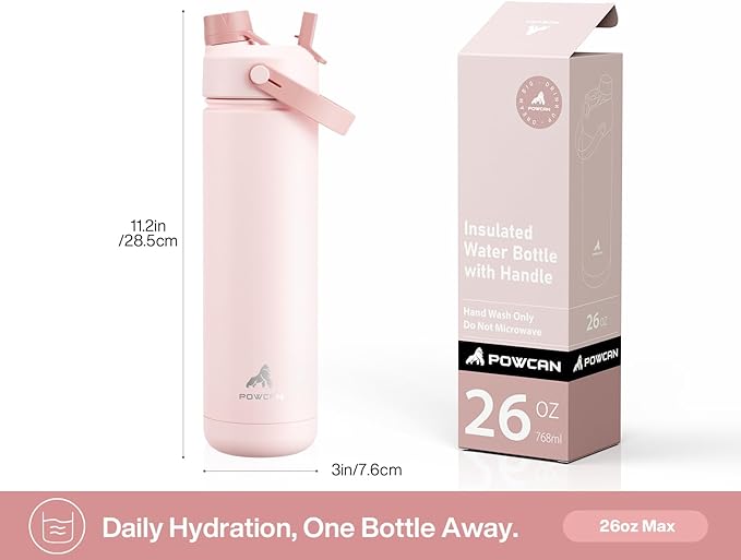 POWCAN 26 oz Insulated Water Bottle with 2-in-1 Straw and Spout Lid, Keep Cold 24H, Leak-Proof, Fits in Car Cup Holder, Stainless Steel Water Bottle for Sports, Travel, Gift and School (Kiss Me Berry)
