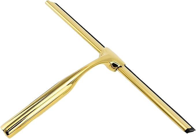 Squeegee for Shower Glass Door, All-Purpose Stainless Steel Squeegee with Adhesive Hooks, Cleaner Tool for Tile Walls, Bathroom, Window, Glass and Car Windshield, Mirrors and Kitchen(10in, Gold)