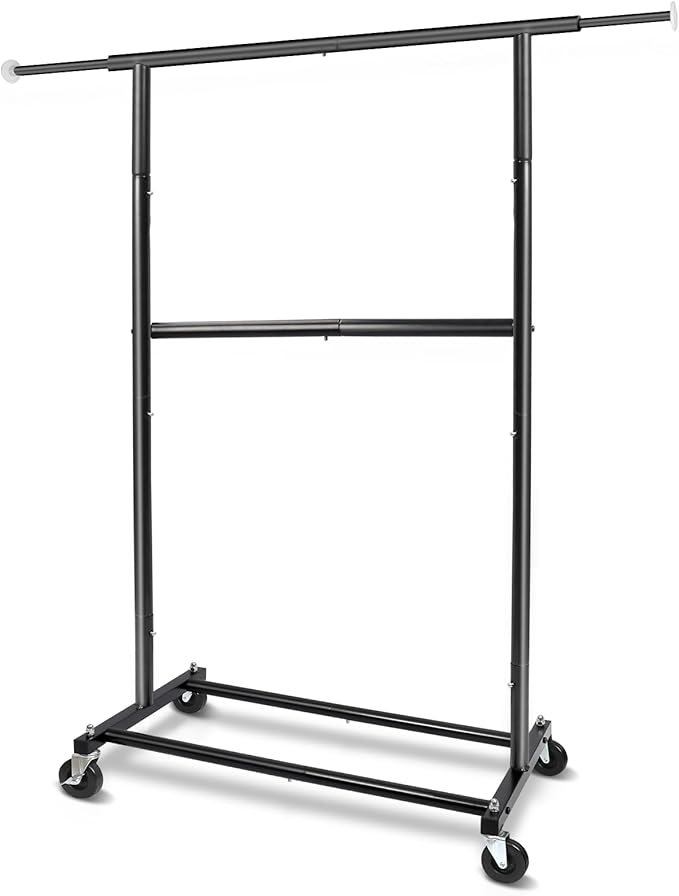 Fishat Black Simple Standard Rod Rolling Garment Clothes Rack, Metal Clothes Organizer with Lockable Wheels