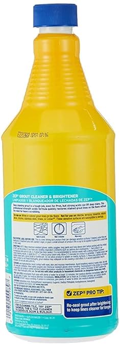 Zep Grout Cleaner and Brightener and Easy to Use Handheld Brush - 32 oz (Case of 2) - ZU104632 - Deep Cleaning Formula Removes Old Stains From Grout