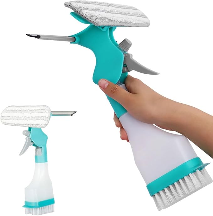 4 in 1 Window Cleaner, Spray Window Squeegee with Spray Bottle & Squeegee & Fabric Washer Head & Brush for Home Car Glass Cleaning
