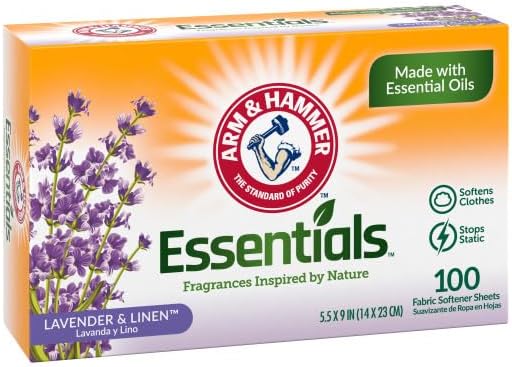 Arm & Hammer Essentials Fabric Softener Sheets, Lavender & Linen, Made with Essential Oils, Softens Clothes, Stops Static, 5.5x9 inches, 100 Count (Pack of 2)