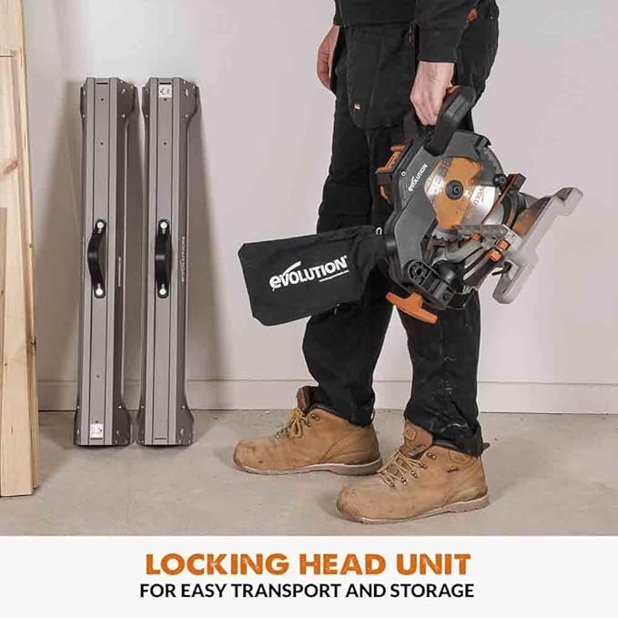 Evolution R185CMS-Li 7-1/4" Cordless Compound Miter Saw, Multi-Material TCT Blade, 20V EXT Li-Ion, Battery & Charger Included, Cuts Wood, Metal, Plastic, 45° Miter & 45° Bevel, Compact & Powerful