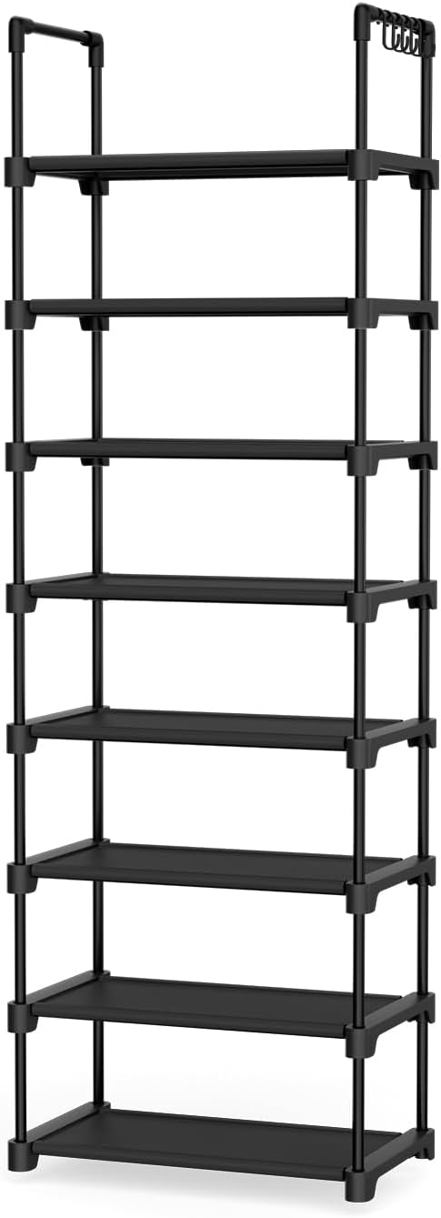 LANTEFUL Tall Shoe Rack 8 Tiers, 16-20 Pairs Shoe and Boots Organizer Storage Sturdy Shoe Shelf, Narrow Vertical Shoe Rack for Entryway, Closet, Metal Shoe Organizer with 5 Hooks