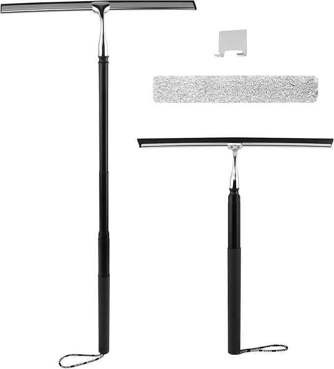 Shower Squeegee with Long Handle, 17-60" Telescopic Window Squeegee with Streak-Free Silicone Blade, Adjustable Cleaning Tool for Glass Doors, Shower Walls, Tile, Car Windshield
