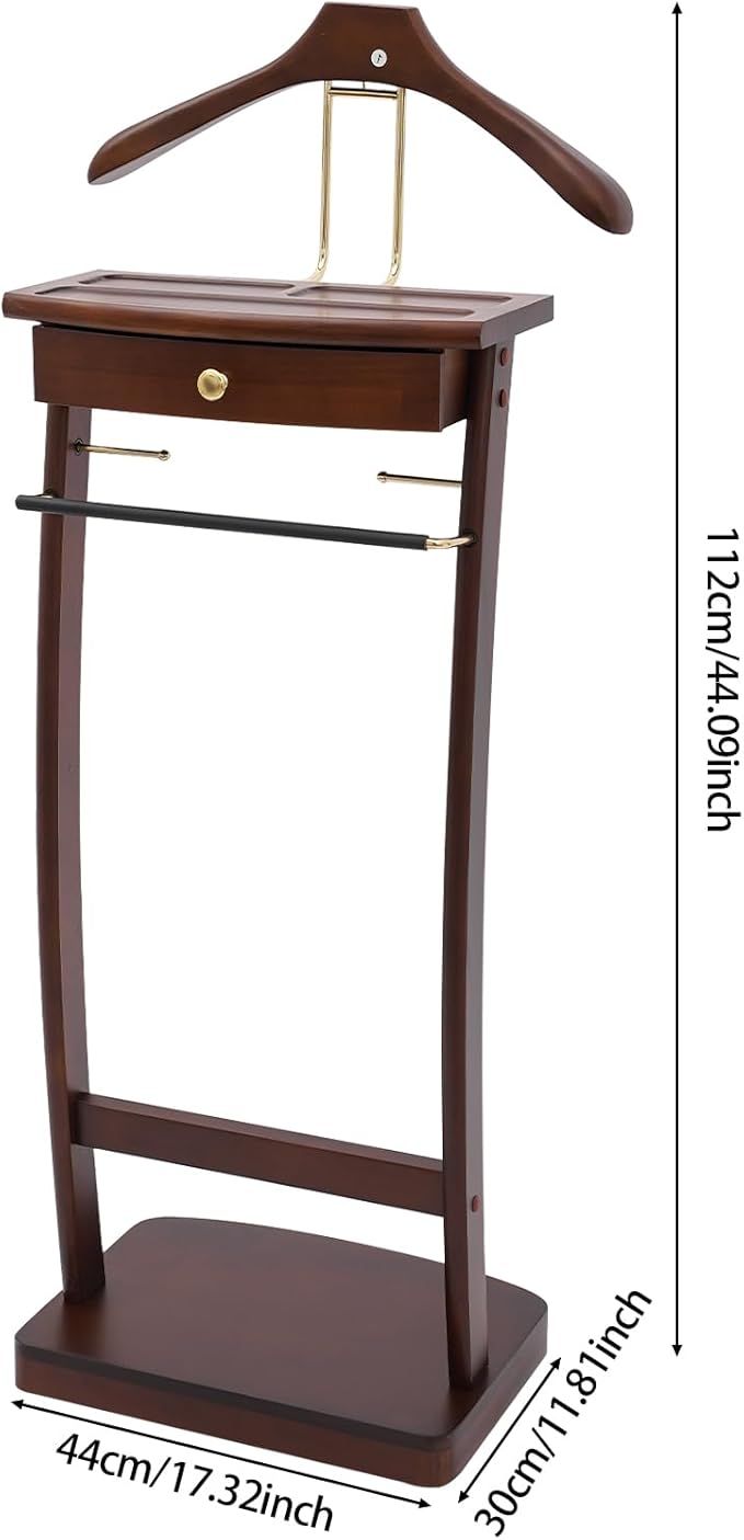 Valet Stand for Man and Women, Wood Suit Rack Suit Valet Stand with Top Tray, Storage Drawer, Bottom Shoe Rack, Freestanding Clothes Rack for Living Room, Bedroom, Office, Black (Walnut Color)