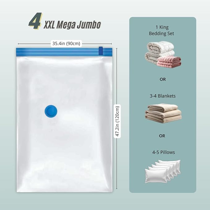 4 Mega Jumbo XXL Vacuum Storage Bags with Pump, Supersized Compression Space Saver for Comforter, duvet, Bedding, Blanket storage, Vacuum Seal Bags for Clothing, Durable Safe Poly Material