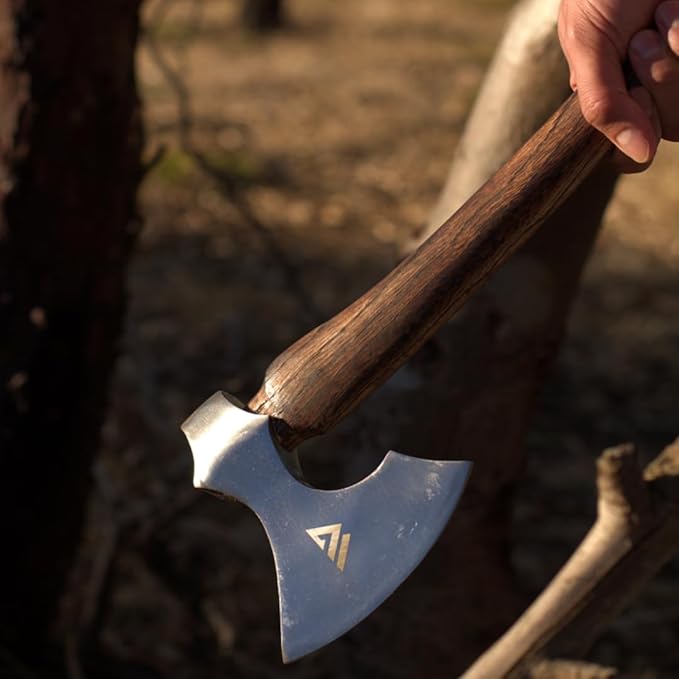 Axe with Carbon Steel Blade and Wooden Handle - Premium Hatchet with Paracord Lanyard & PU Leather Sheath