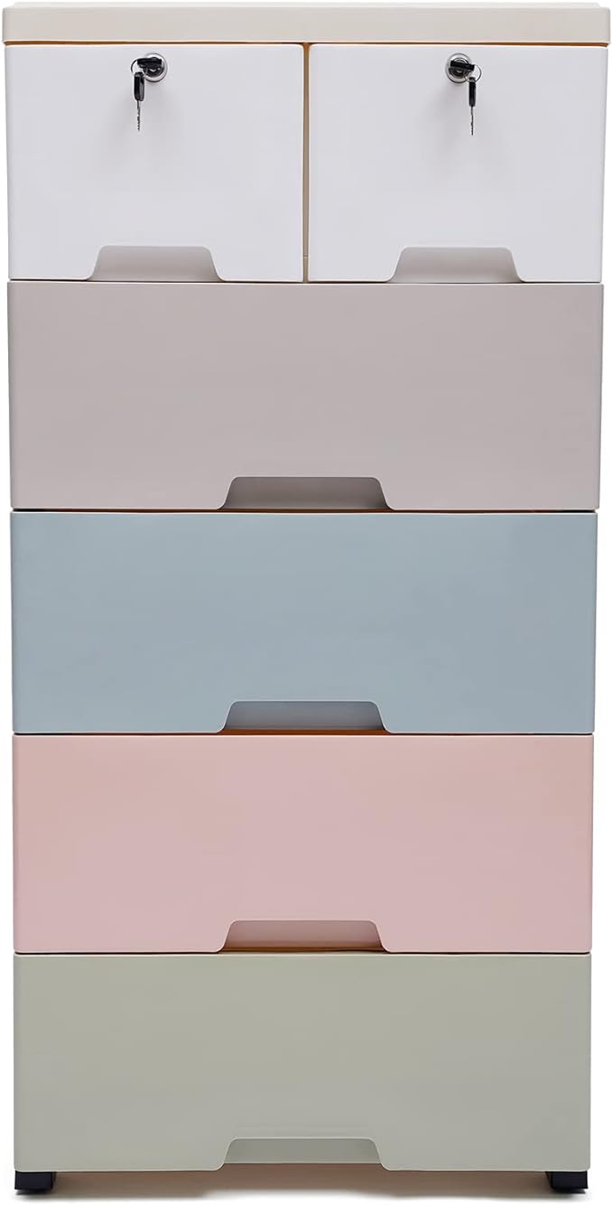 5 Layers Bookshelf, Multi-Layer Assembled Baby Wardrobe Storage Cabinet, Cube Organizer Bookcase Cabinet Storage Shelf Rack with 6 Drawers & 5 Wheels, White, Gray, Blue, Pink, Green