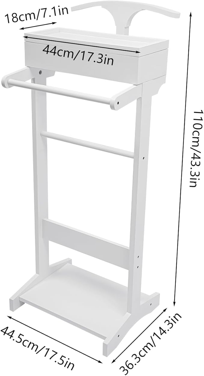 Valet Stand for Man and Women, Wood Suit Rack Suit Valet Stand with Top Tray, Storage Drawer, Bottom Shoe Rack, Freestanding Clothes Rack for Living Room, Entryway, Bedroom, Office, Black (White)