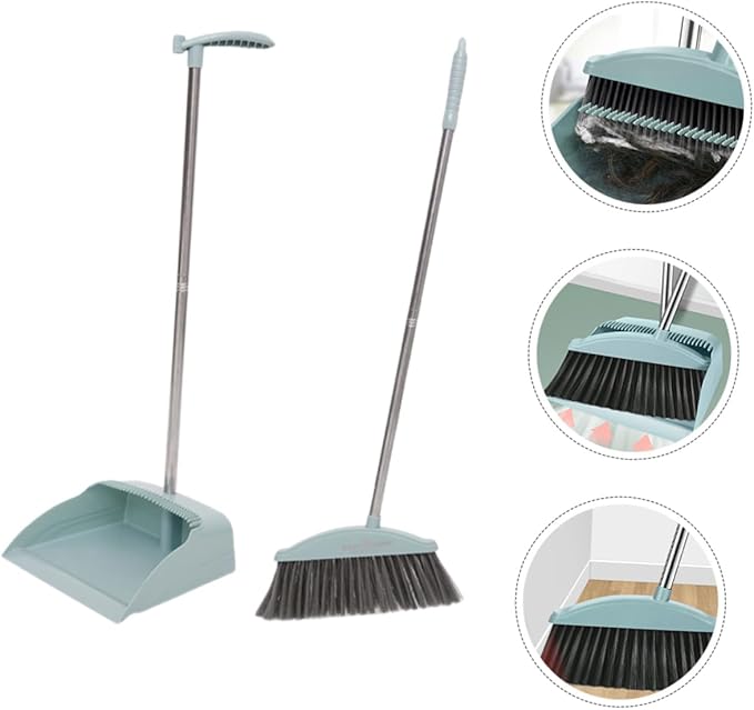 PRETYZOOM Long Handle Broom and Dustpan Non Stick Hair Cleaning Accessories for Home Kitchen Office Floor Sweeping Lightweight and Two Combo in Light Blue