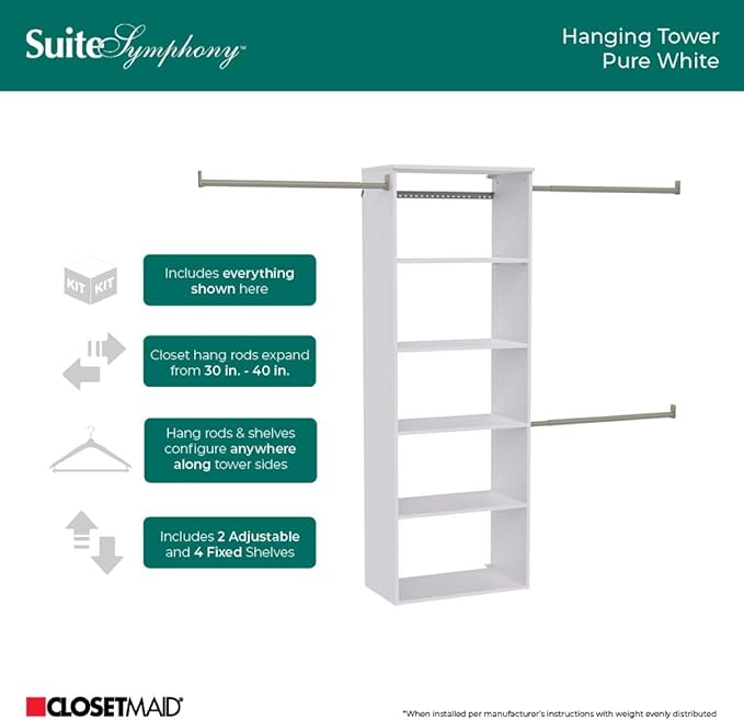 ClosetMaid SuiteSymphony Hanging Closet Kit Includes (1) Tower, (3) Closet Rods, and (6) Shelves, White