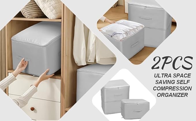 2Pcs Super Space Saving Self Compression Organizer, Quilt Storage Bags, Self Compression Storages Bags, Storage Bags for Quilts, Sweaters, Blankets (grey)