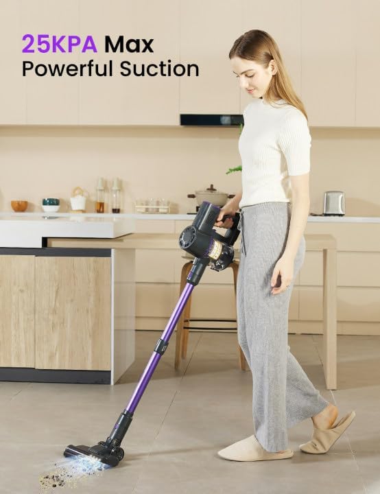 Vexilar Cordless Vacuum Cleaner, Self-Standing, Rechargeable Stick Vacuum Cleaners for Home, 35mins Runtime, LED Screen, 6-in-1 Lightweight Handheld Vacuum for Hard Floor, Carpet (Purple)