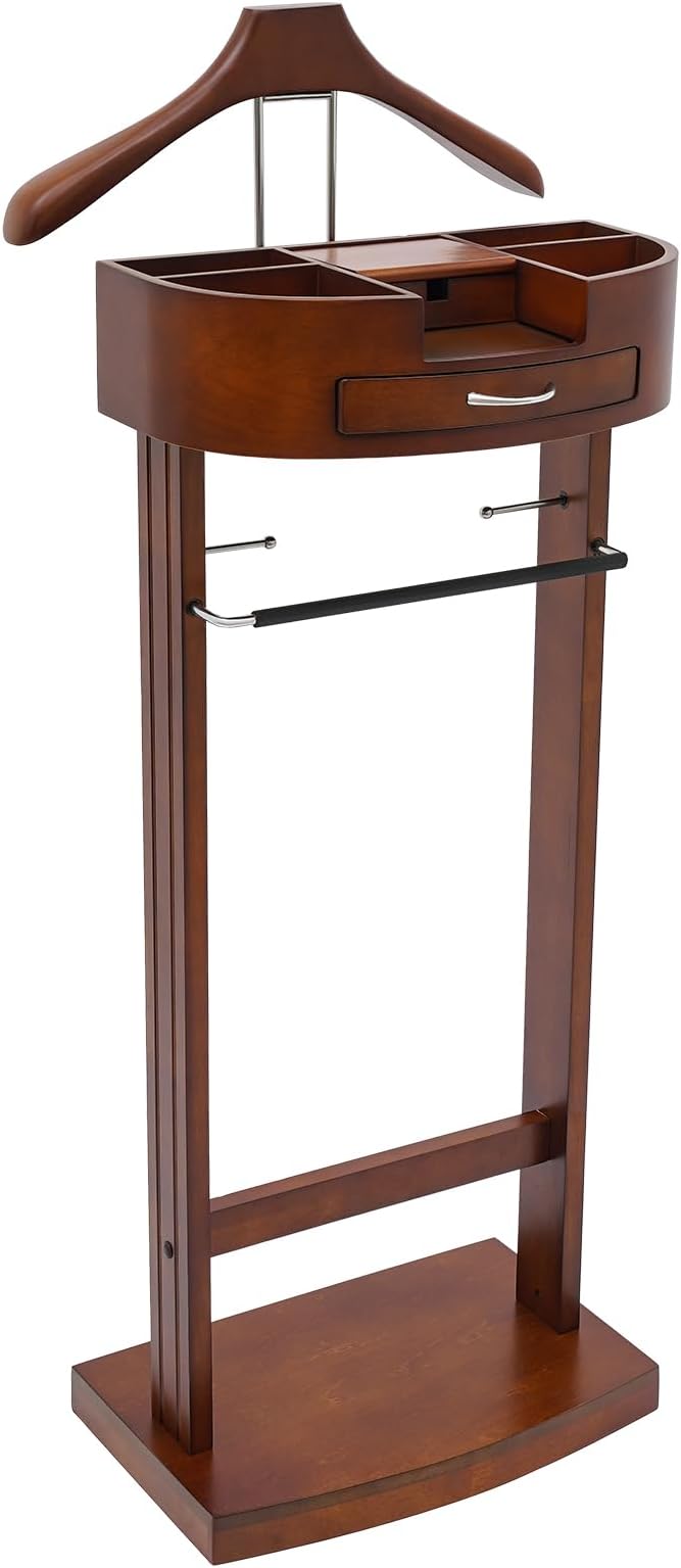 Suit Valet Stand Wood Valet Stand for Man, Wooden Clothing Valet Stand with Contour Hanger, Tray, Trouser Bar, Tie Bar and Base, Mens Valet Stand for Entryway Office Living Room (Brown)