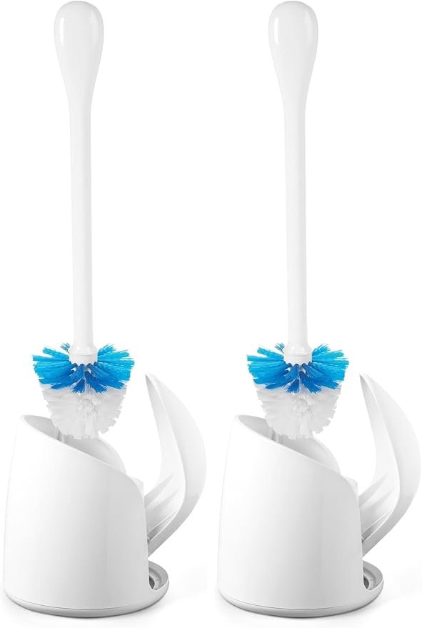 OXO Good Grips Compact Toilet Brush & Canister, Toilet Bowl Brush and Holder with Automatic Canister Door, Bathroom and Small Spaces Cleaning Supplies Essential (Pack of 2)
