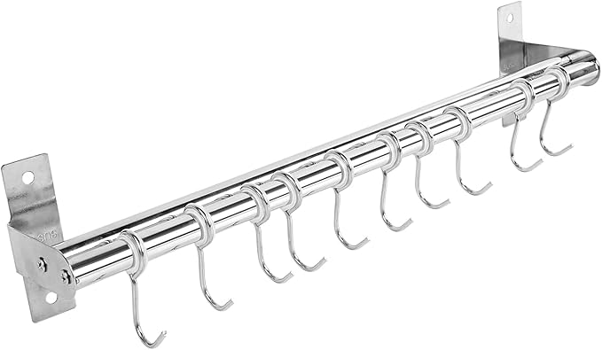 ASkinds Utensil Hanging Rack Stainless Steel Rail Hanger Rod Wall Mounted Pot Pan Lid Holder Cookware Storage Organizer with Sliding Hooks for Kitchen Bathroom