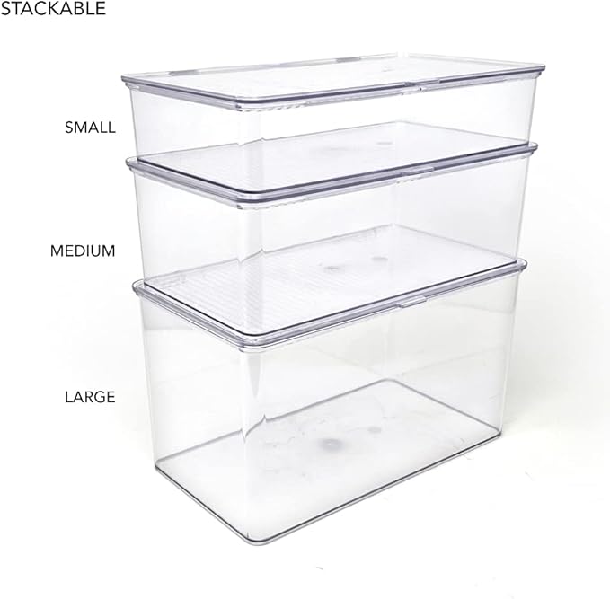 Isaac Jacobs Small Stackable Organizer Bin (10.75” x 6.5” x 2.4”) w Hinged Lid Clear Storage Box Home Office School Fridge Bathroom Kitchen Pantry Container BPAFree Food Safe (Small Clear)