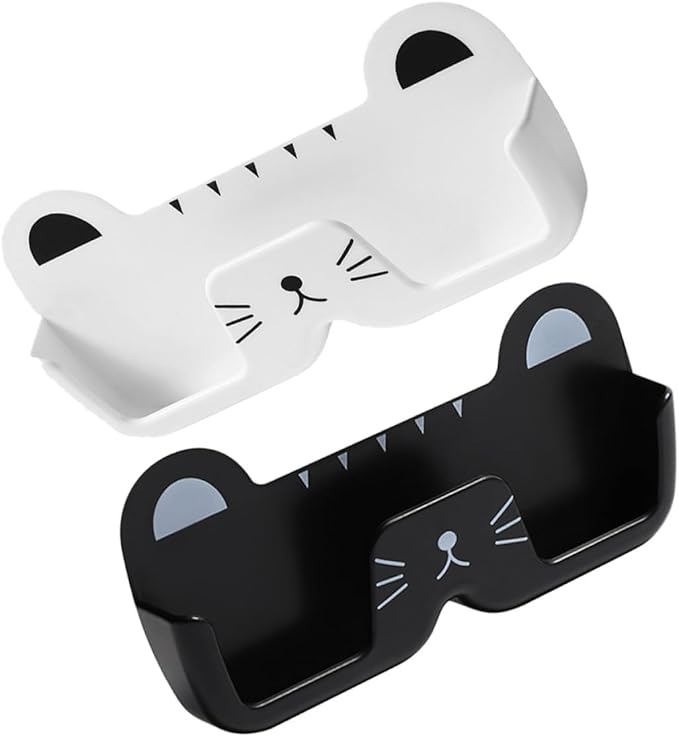 SEWACC 2pcs Cat Design Wall-Mounted Glasses Organizer Plastic Eyewear Storage Box with Hanging Holder for Sunglasses and Eyeglasses in Black and White, Suitable for Bedroom and Bathroom