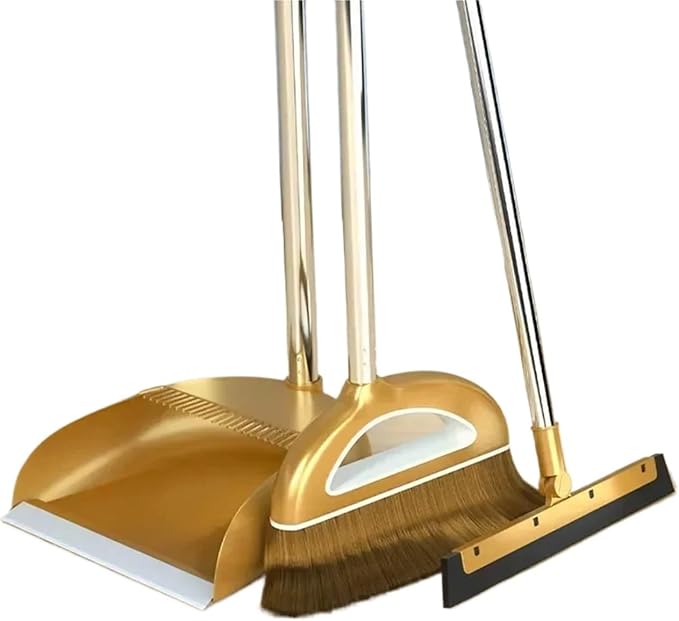 Gold Broom Dustpan Set Folding Dustpan Long Handle Rubber Wiper Space-Saving Floor Cleaner Kit Household Cleaning Accessory for Cleaning(Gold-3pcs)