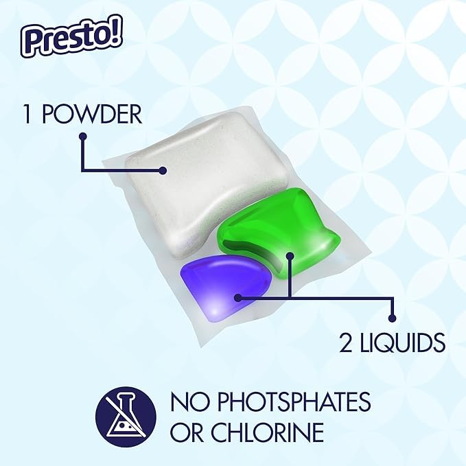 Amazon Brand - Presto! Triple Action Dishwasher Pacs, Anti-spotting, Fresh Scent, No Phosphates or Chlorine, 70 Count