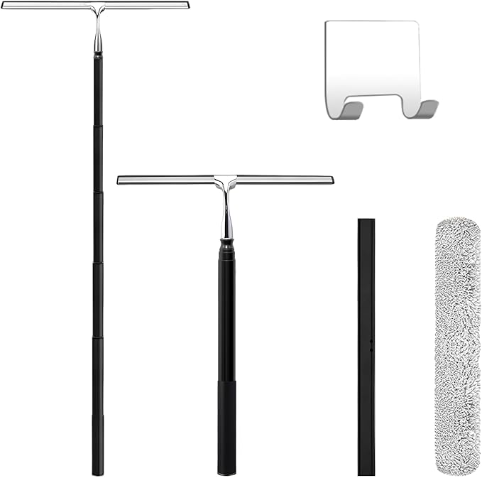 Squeegee for Shower Glass,Shower Squeegee for Glass Doors,Telescopic Window Squeegee for High Windows,Includes Towel Sleeves,Replacement Silicone Blade&Hooks,2 in 1 Queegee for Window Cleaning Kit
