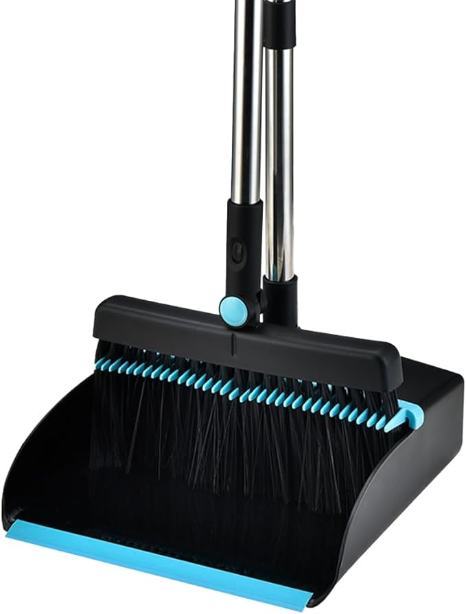 Broom and Dustpan Set for Home, Long Handle Dust Pan and Broom Combo for Indoor Outdoor Heavy Duty Dustpan Set for Kitchen Lobby Office Upright Standing Dustpan with Teeth (Deep Blue)