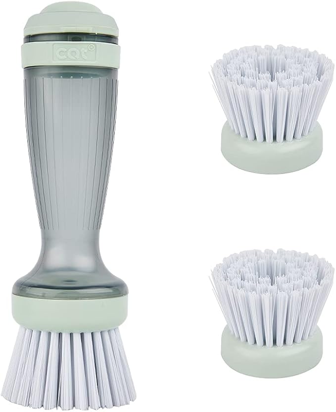 CQT Dish Brush with Soap Dispenser – One-Press Suds, Built-in Scrubbing Pad, Non-Slip Handle for Pots, Pans & Non-Stick Cookware – Includes 2 Refill Heads